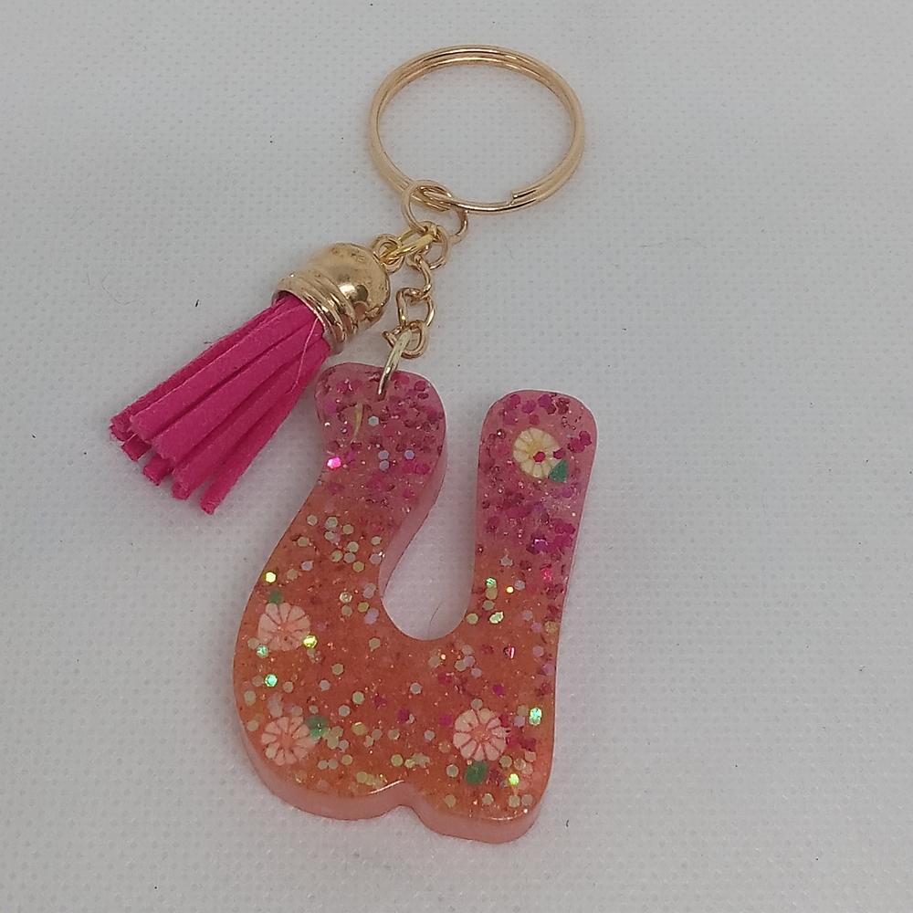 Pink and Orange Glitter Keychain with Tassel